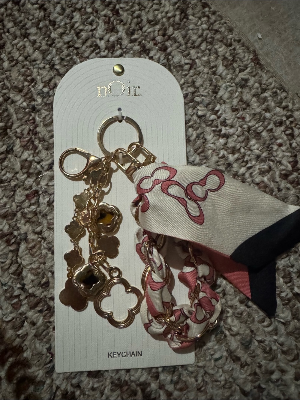 BNWT nOir Jewelry Gold Purse Charm/Keychain with Pink & Cream Scarf Accent